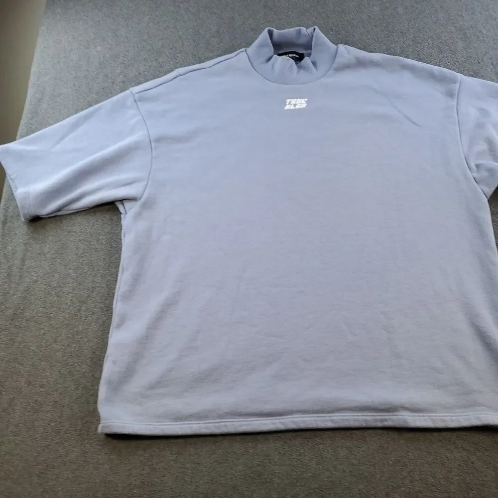 True Religion Mock Neck Oversized Shirt Mens Size Large Blue Fleece Lining